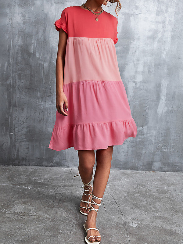 Momentlover Split-Joint Pleated Falbala Contrast Color Ruffle Sleeves Loose Round-Neck Mini Dresses