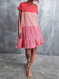 Momentlover Split-Joint Pleated Falbala Contrast Color Ruffle Sleeves Loose Round-Neck Mini Dresses