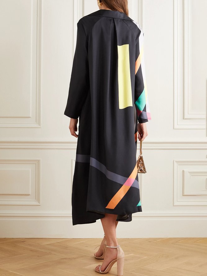 momentlover Stylish Irregularity Long Sleeves Contrast Color Striped V-Neck Midi Dresses