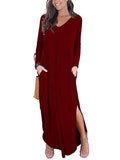 Momentlover Split-Side Solid Color Loose Long Sleeves V-Neck Maxi Dresses