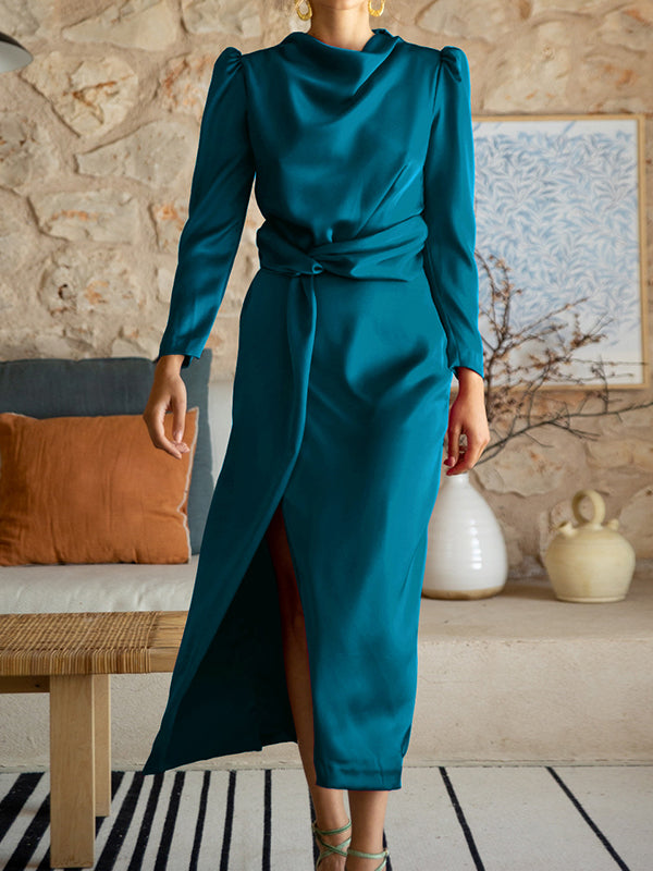 Momentlover Split-Front Solid Color Pleated Long Sleeves High Waisted Mock Neck Maxi Dresses