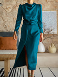 Momentlover Split-Front Solid Color Pleated Long Sleeves High Waisted Mock Neck Maxi Dresses