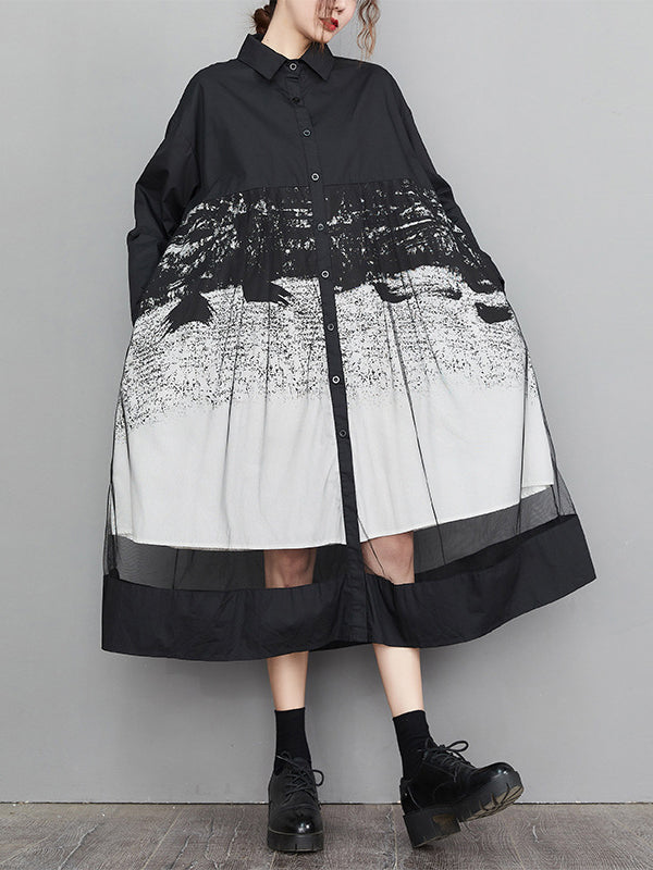 Momentlover Split-Joint Printed Gauze Buttoned Loose Long Sleeves Lapel Midi Dresses