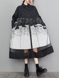 Momentlover Split-Joint Printed Gauze Buttoned Loose Long Sleeves Lapel Midi Dresses