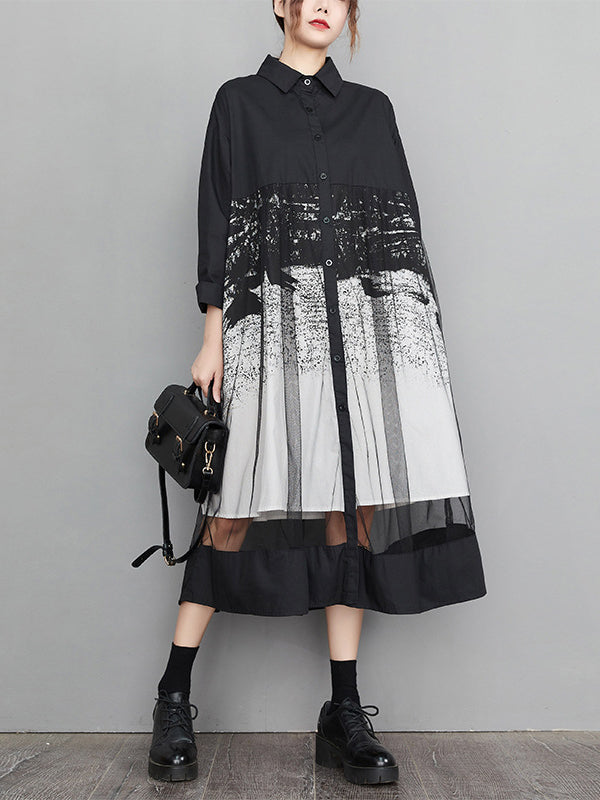 Momentlover Split-Joint Printed Gauze Buttoned Loose Long Sleeves Lapel Midi Dresses