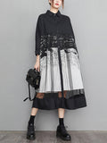 Momentlover Split-Joint Printed Gauze Buttoned Loose Long Sleeves Lapel Midi Dresses