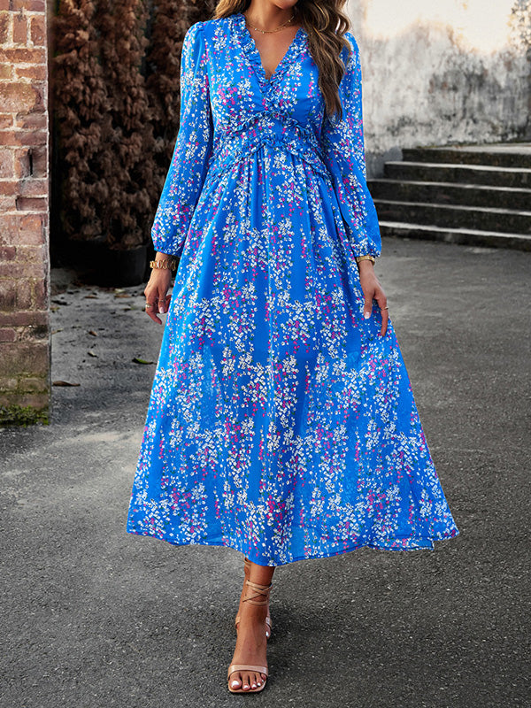 Momentlover Split-Joint Ruffled Flower Print Loose Long Sleeves Deep V-Neck Maxi Dresses