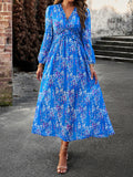 Momentlover Split-Joint Ruffled Flower Print Loose Long Sleeves Deep V-Neck Maxi Dresses