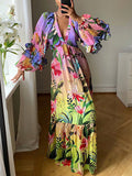 Momentlover Split-Joint Ruffled Pleated Flower Print Plus Size Loose Deep V-Neck Maxi Dresses