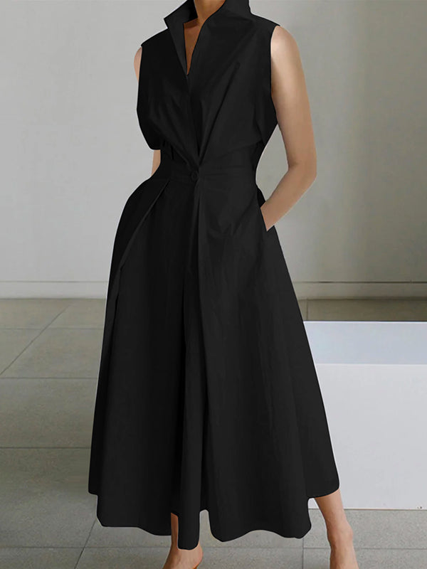momentlover Sleeveless Solid Color Lapel Midi Dresses