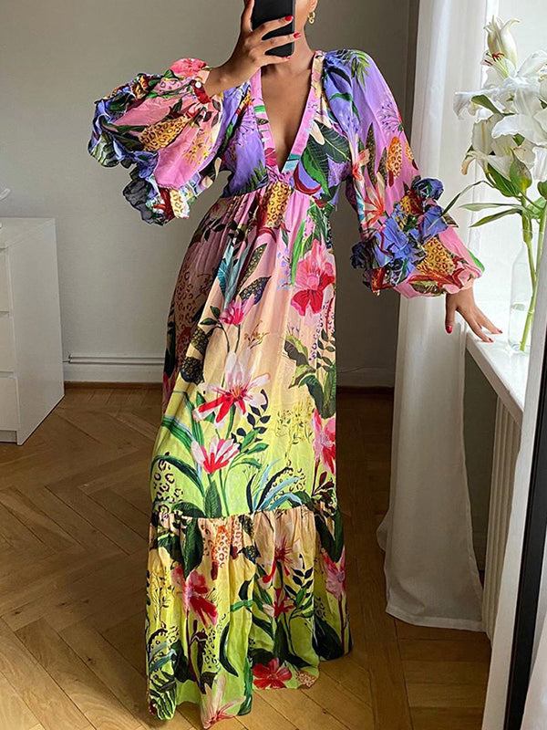 Momentlover Split-Joint Ruffled Pleated Flower Print Plus Size Loose Deep V-Neck Maxi Dresses