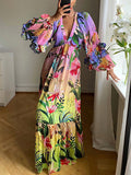 Momentlover Split-Joint Ruffled Pleated Flower Print Plus Size Loose Deep V-Neck Maxi Dresses
