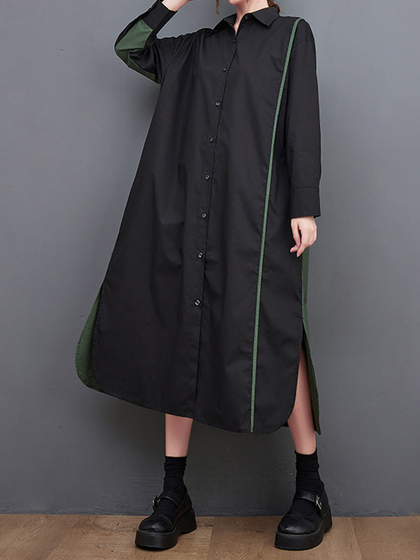 Momentlover Split-Side Split-Joint Buttoned Asymmetric Loose Long Sleeves Lapel Shirt Dress Midi Dresses