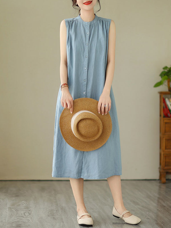 Momentlover Solid Color Pleated Buttoned Sleeveless A-Line Round-Neck Midi Dresses