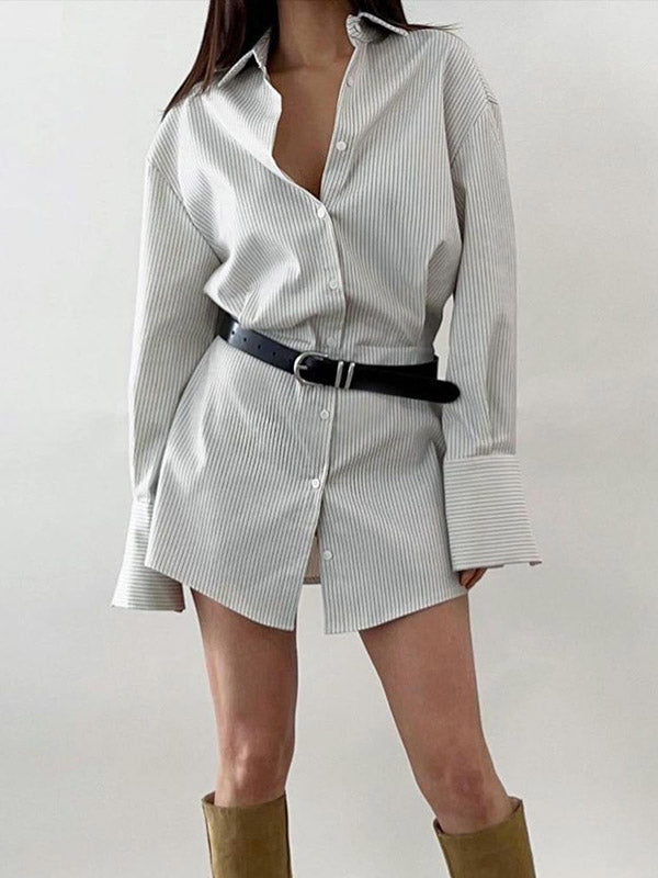 Momentlover Striped Buttoned Loose Long Sleeves Lapel Shirt Dress Mini Dresses