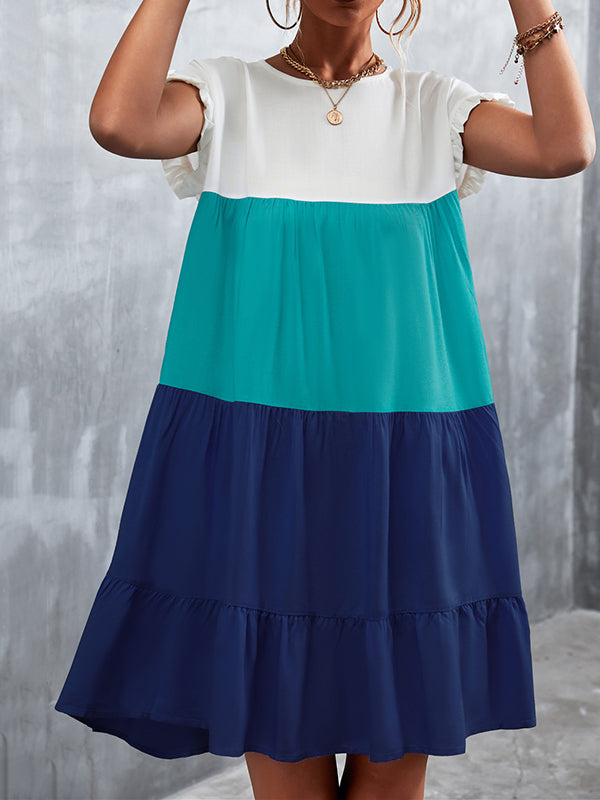 Momentlover Split-Joint Pleated Falbala Contrast Color Ruffle Sleeves Loose Round-Neck Mini Dresses