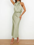 Momentlover Solid Color Sleeveless Halter-Neck Midi Dresses