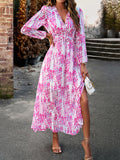 Momentlover Split-Joint Ruffled Flower Print Loose Long Sleeves Deep V-Neck Maxi Dresses