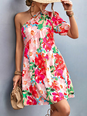 Momentlover Split-Joint Flower Print Short Sleeves Bishop Sleeve One-Shoulder Mini Dresses