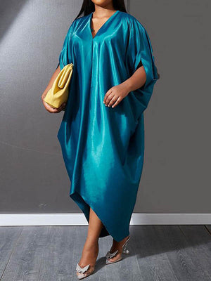 Momentlover Solid Color Short Sleeves Plus Size Deep V-Neck Maxi Dresses