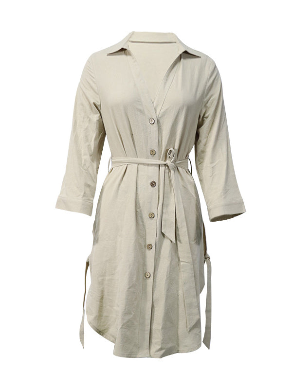 Momentlover Tied Waist Split-Side Solid Color Buttoned Loose Long Sleeves V-Neck Mini Dresses