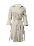 Momentlover Tied Waist Split-Side Solid Color Buttoned Loose Long Sleeves V-Neck Mini Dresses
