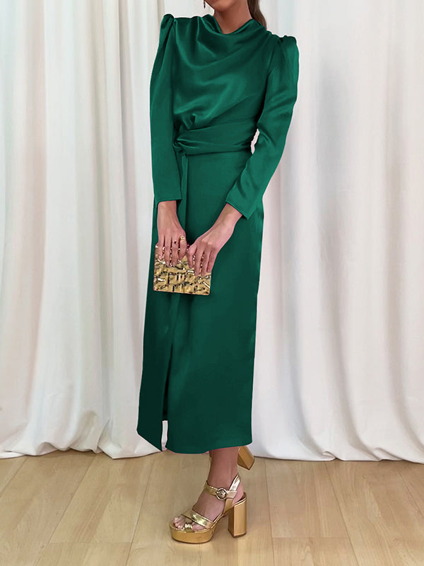 Momentlover Split-Front Solid Color Pleated Long Sleeves High Waisted Mock Neck Maxi Dresses