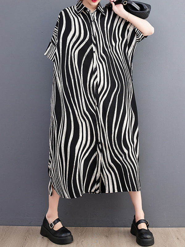 Momentlover Raglan Sleeve Oversize Zebra-Stripe Split-Joint Lapel Midi Dresses Shirt Dress