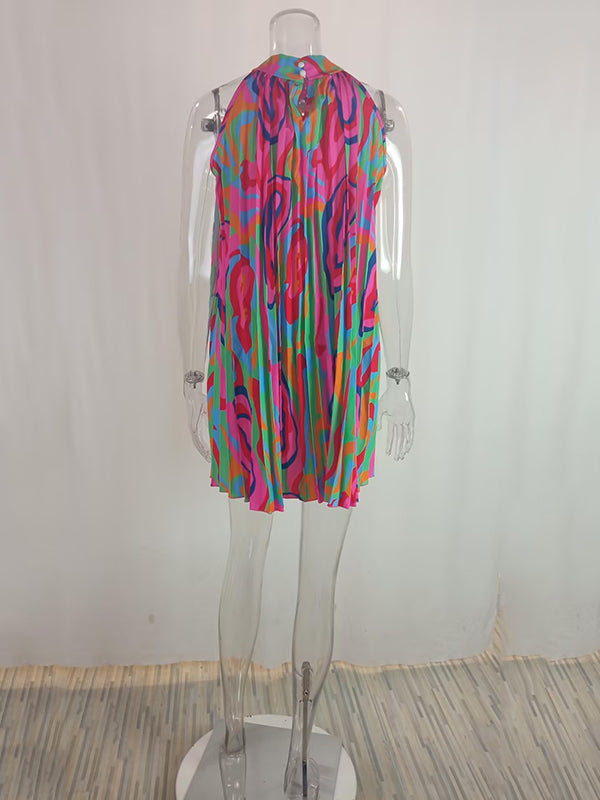 Momentlover Loose Plus Size Pleated Printed Halter-Neck Mini Dresses Short Dresses
