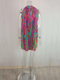 Momentlover Loose Plus Size Pleated Printed Halter-Neck Mini Dresses Short Dresses