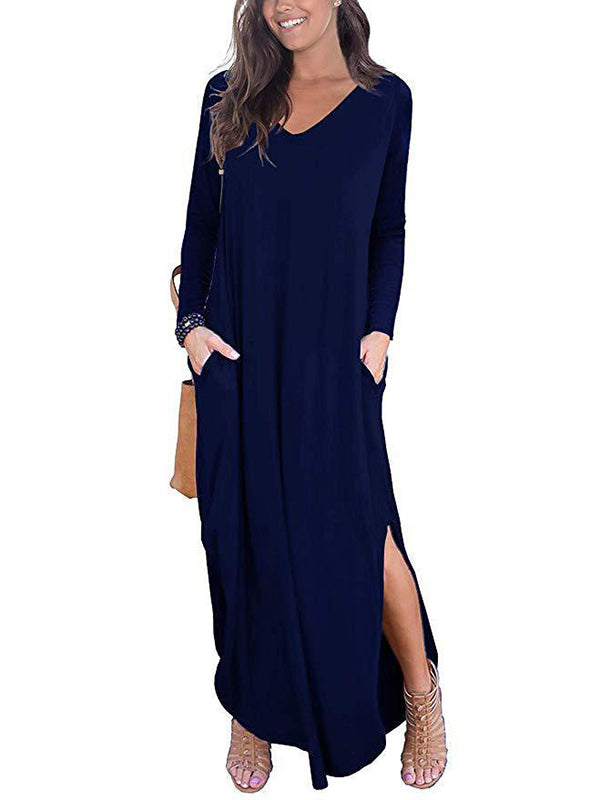 Momentlover Split-Side Solid Color Loose Long Sleeves V-Neck Maxi Dresses
