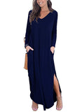 Momentlover Split-Side Solid Color Loose Long Sleeves V-Neck Maxi Dresses
