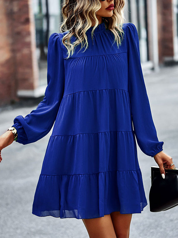 Momentlover Tied Split-Joint Solid Color Pleated Elasticity Long Sleeves High Waisted Mock Neck Mini Dresses