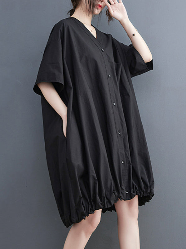 Momentlover Solid Color Short Sleeves Loose V-neck Midi Dresses