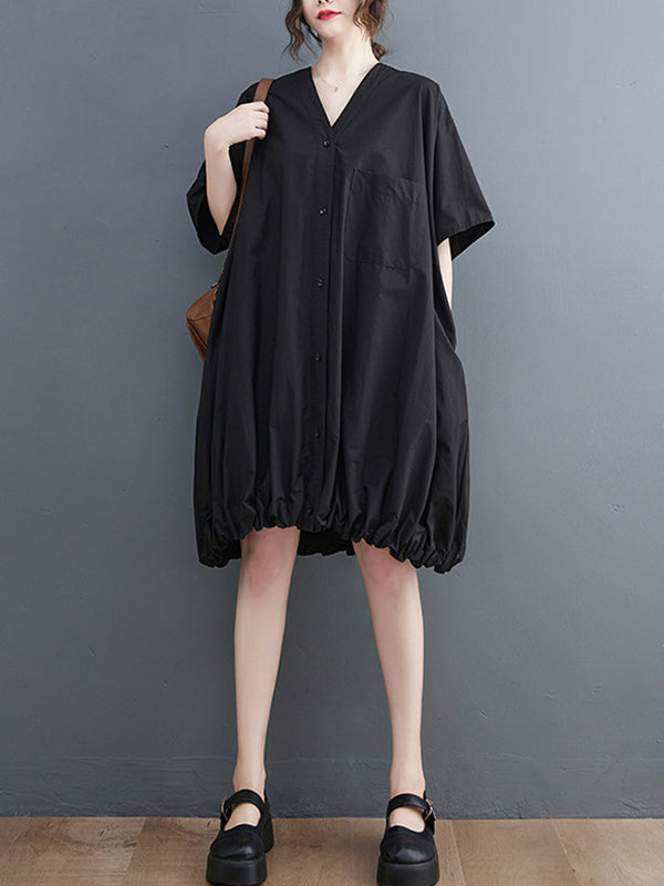 Momentlover Solid Color Short Sleeves Loose V-neck Midi Dresses