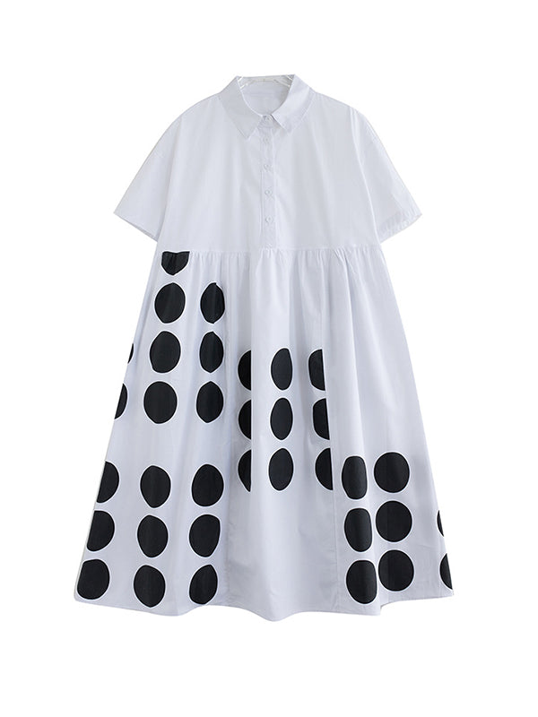 Momentlover Printed Polka Dot Pockets Buttoned Short Sleeves Loose Lapel Midi Dresses