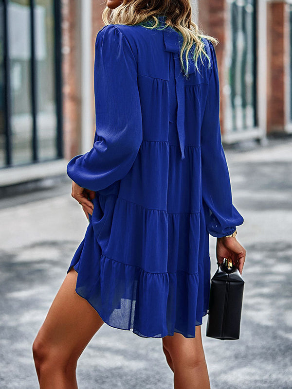 Momentlover Tied Split-Joint Solid Color Pleated Elasticity Long Sleeves High Waisted Mock Neck Mini Dresses