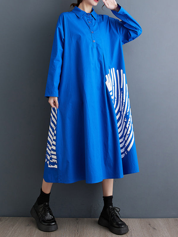 Momentlover Split-Joint Printed Pleated Buttoned Asymmetric Loose Long Sleeves Lapel Shirt Dress Midi Dresses