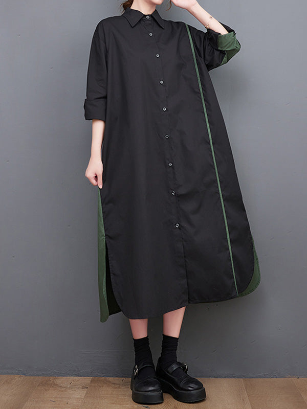 Momentlover Split-Side Split-Joint Buttoned Asymmetric Loose Long Sleeves Lapel Shirt Dress Midi Dresses