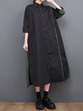 Momentlover Split-Side Split-Joint Buttoned Asymmetric Loose Long Sleeves Lapel Shirt Dress Midi Dresses