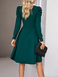 Momentlover Split-Joint Solid Color Pleated Skinny Puff Sleeves V-Neck Midi Dresses