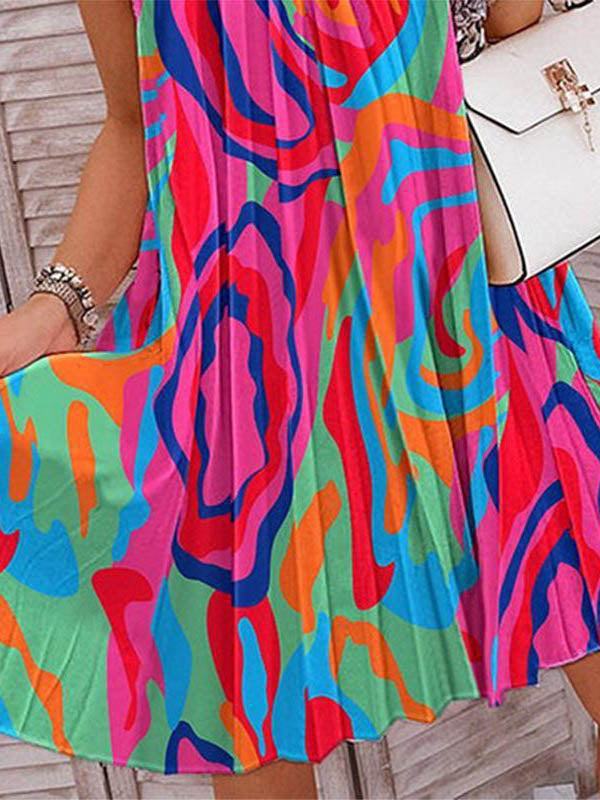 Momentlover Loose Plus Size Pleated Printed Halter-Neck Mini Dresses Short Dresses