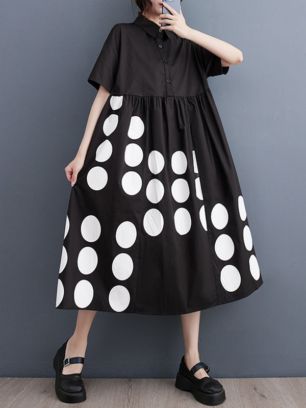 Momentlover Printed Polka Dot Pockets Buttoned Short Sleeves Loose Lapel Midi Dresses