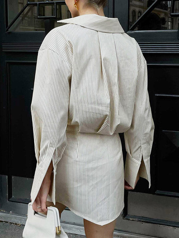 Momentlover Striped Buttoned Loose Long Sleeves Lapel Shirt Dress Mini Dresses