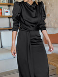 Momentlover Split-Front Solid Color Pleated Long Sleeves High Waisted Mock Neck Maxi Dresses