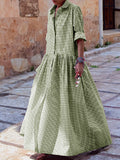 Momentlover Long Sleeves Loose Buttoned Plaid Pleated Split-Joint Lapel Maxi Dresses