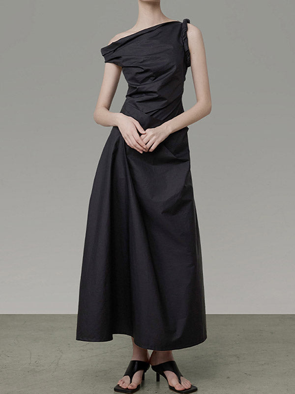 Momentlover Solid Color Asymmetric Sleeveless Loose One-Shoulder Midi Dresses