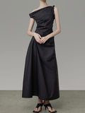 Momentlover Solid Color Asymmetric Sleeveless Loose One-Shoulder Midi Dresses