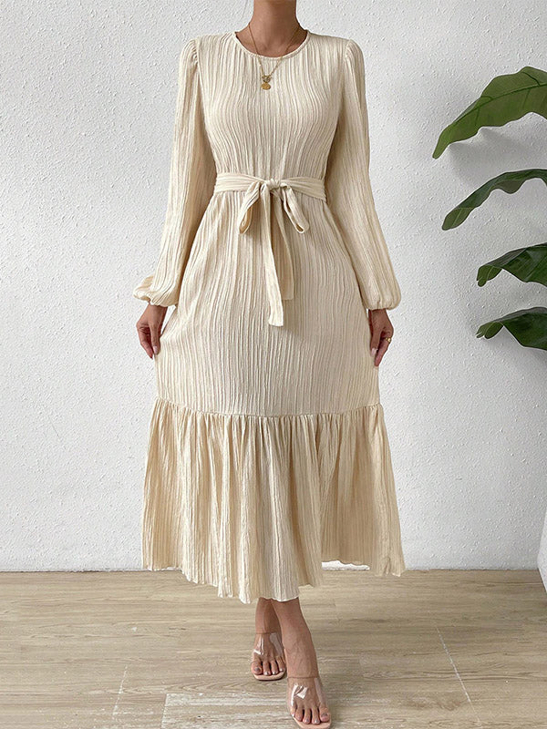 Momentlover A-line Long Sleeves Elasticity Pleated Solid Color Split-Joint Tied Waist Round-neck Midi Dresses