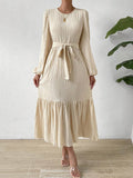 Momentlover A-line Long Sleeves Elasticity Pleated Solid Color Split-Joint Tied Waist Round-neck Midi Dresses